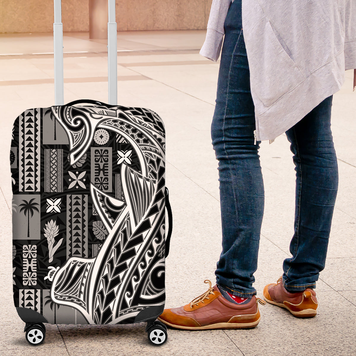 Samoa Tapa Luggage Cover Siapo Mix Tatau Patterns - Black LT7 Black - Polynesian Pride