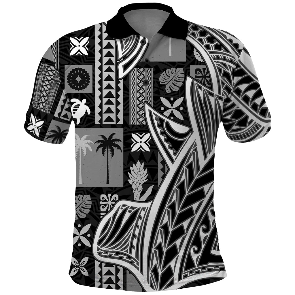 Samoa Tapa Polo Shirt Siapo Mix Tatau Patterns - Black LT7 Black - Polynesian Pride
