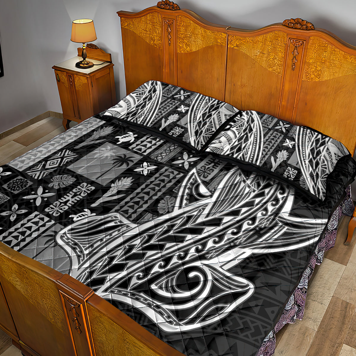 Samoa Tapa Quilt Bed Set Siapo Mix Tatau Patterns - Black LT7 - Polynesian Pride