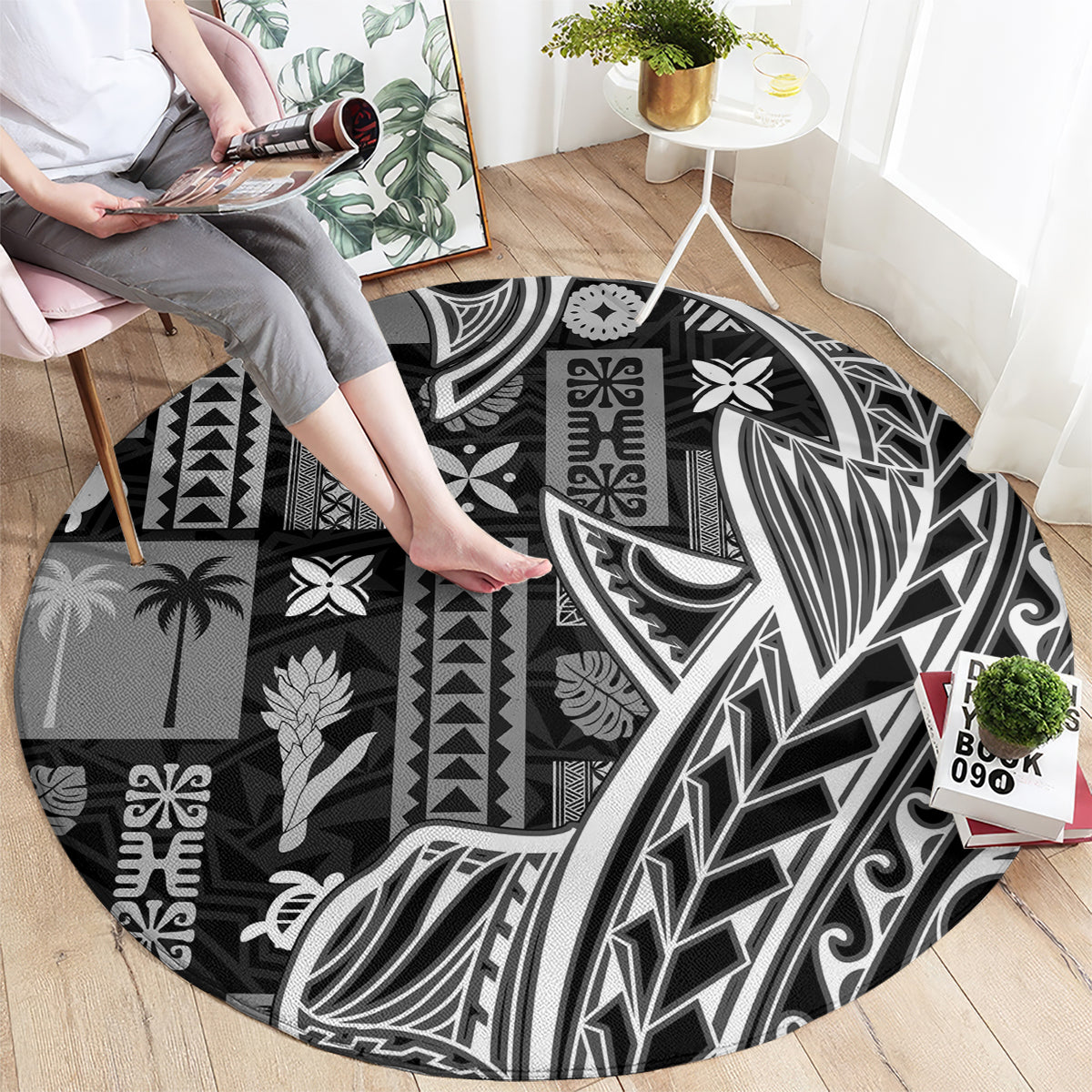 Samoa Tapa Round Carpet Siapo Mix Tatau Patterns - Black LT7 - Polynesian Pride
