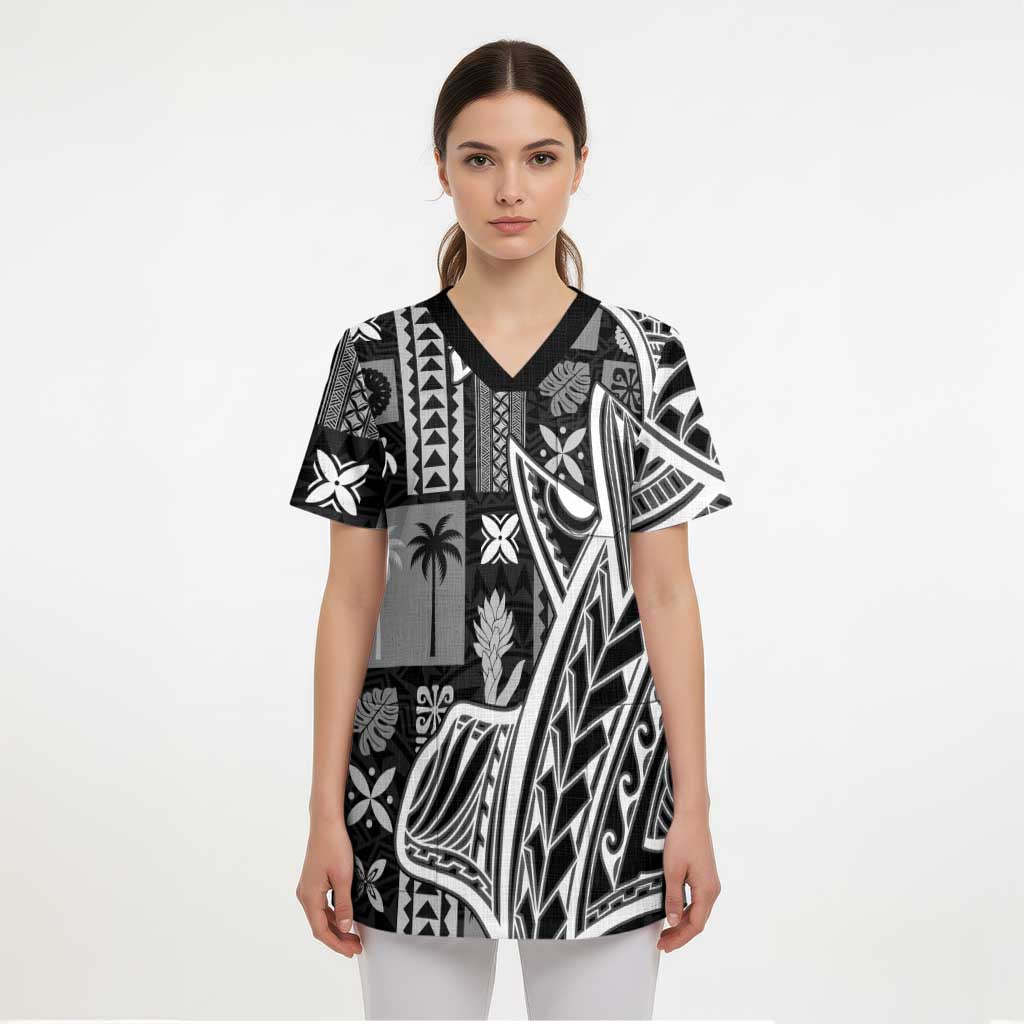 Samoa Tapa Scrub Top Siapo Mix Tatau Patterns - Black - Polynesian Pride