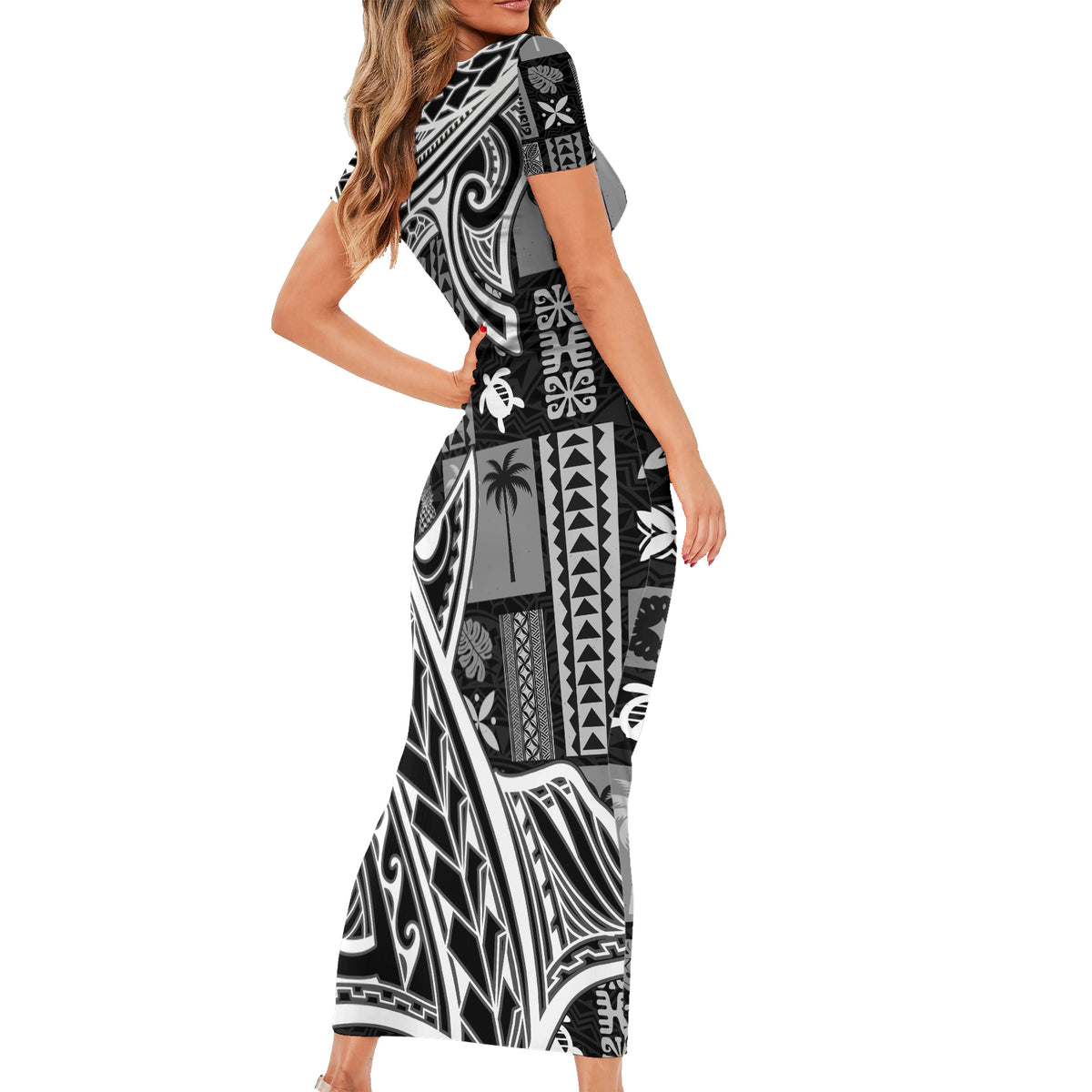 Samoa Tapa Short Sleeve Bodycon Dress Siapo Mix Tatau Patterns - Black LT7 - Polynesian Pride