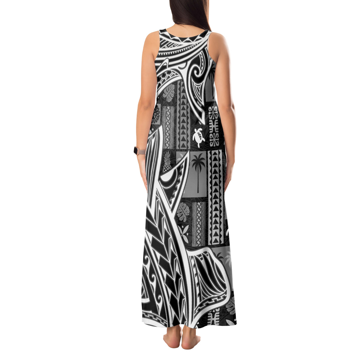 Samoa Tapa Tank Maxi Dress Siapo Mix Tatau Patterns - Black LT7 - Polynesian Pride