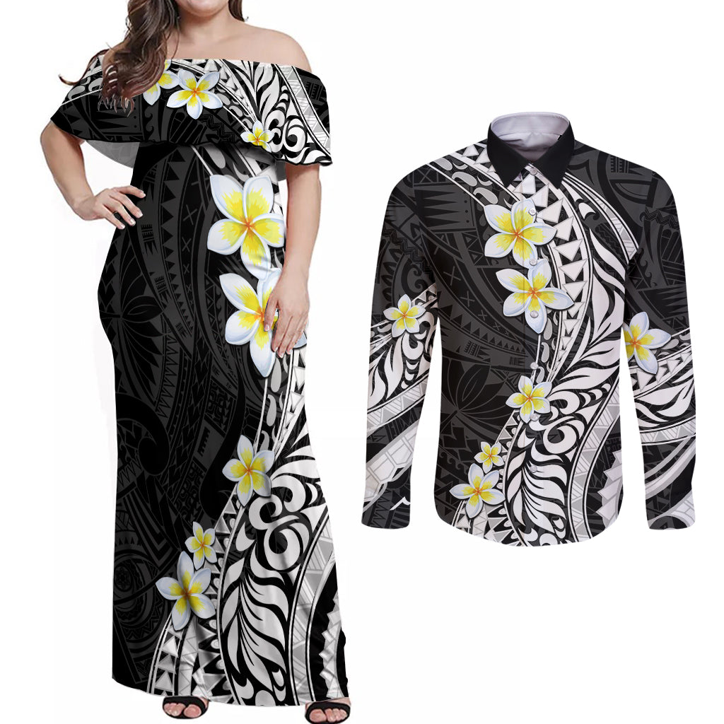Hawaii Aloha Couples Matching Off Shoulder Maxi Dress and Long Sleeve Button Shirt Plumeria Vintage - Black LT7 Black - Polynesian Pride