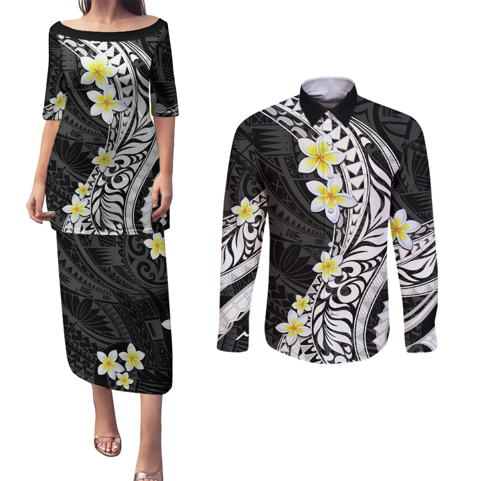 Hawaii Aloha Couples Matching Puletasi Dress and Long Sleeve Button Shirt Plumeria Vintage - Black LT7 Black - Polynesian Pride