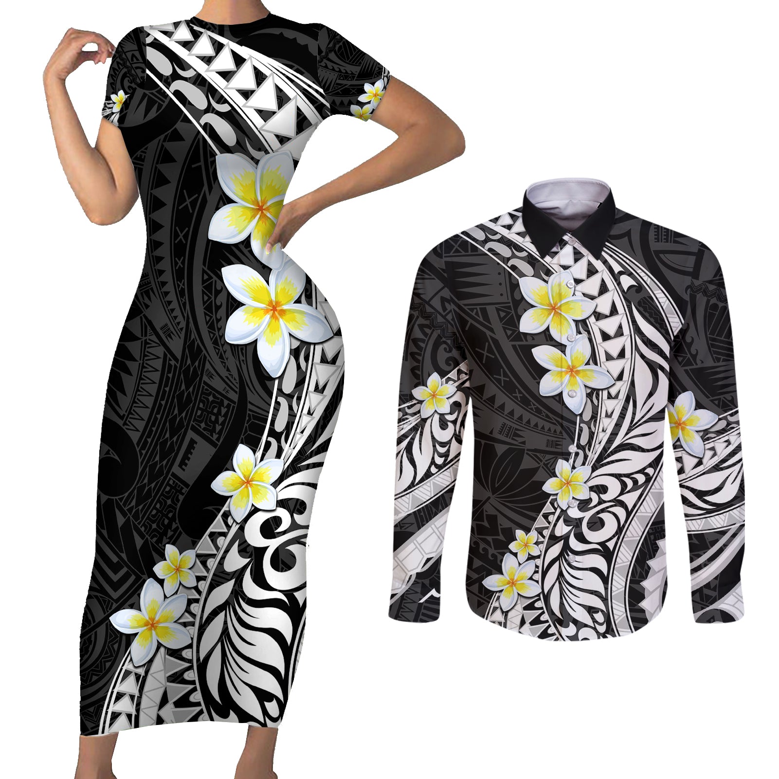Hawaii Aloha Couples Matching Short Sleeve Bodycon Dress and Long Sleeve Button Shirt Plumeria Vintage - Black LT7 Black - Polynesian Pride