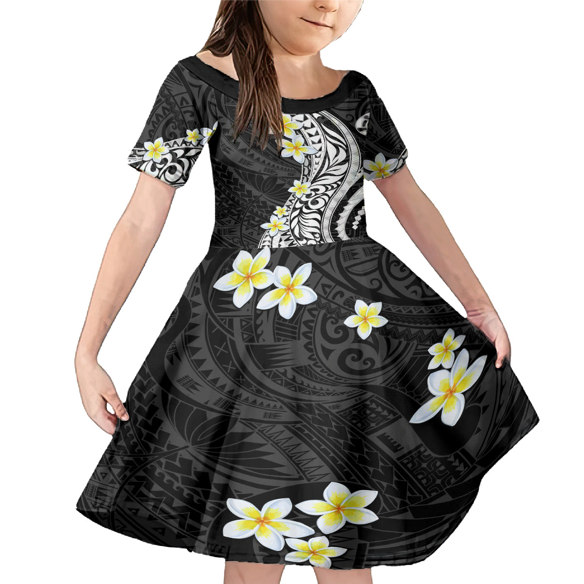 Hawaii Aloha Family Matching Mermaid Dress and Hawaiian Shirt Plumeria Vintage - Black LT7 Daughter's Dress Black - Polynesian Pride