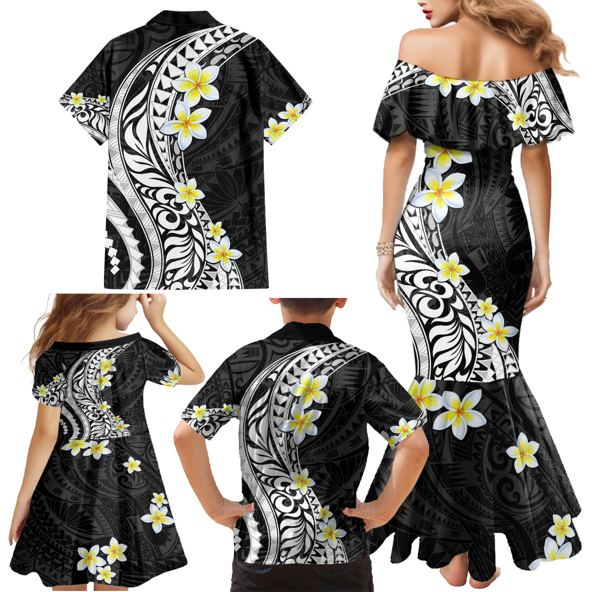 Hawaii Aloha Family Matching Mermaid Dress and Hawaiian Shirt Plumeria Vintage - Black LT7 - Polynesian Pride