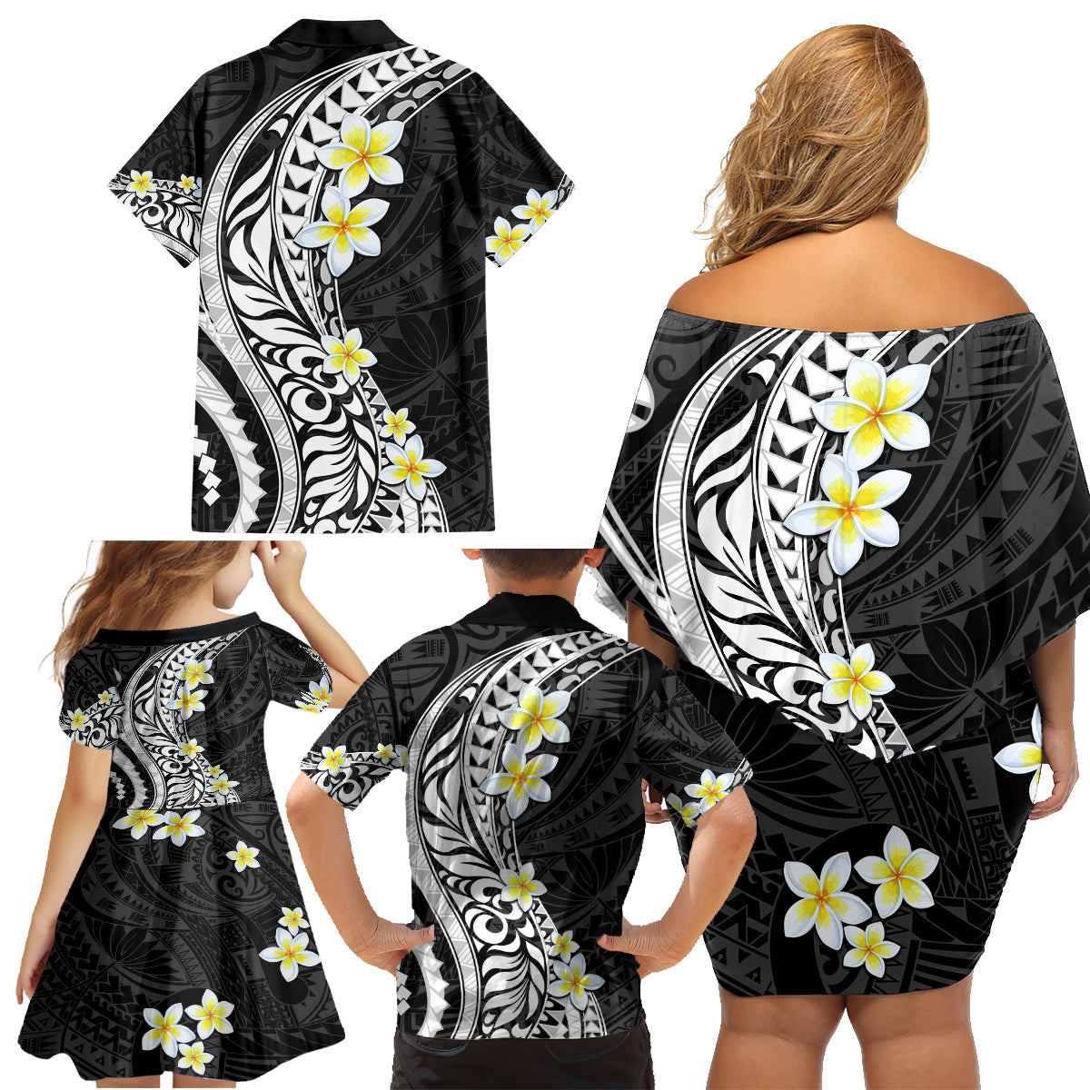 Hawaii Aloha Family Matching Off Shoulder Short Dress and Hawaiian Shirt Plumeria Vintage - Black LT7 - Polynesian Pride