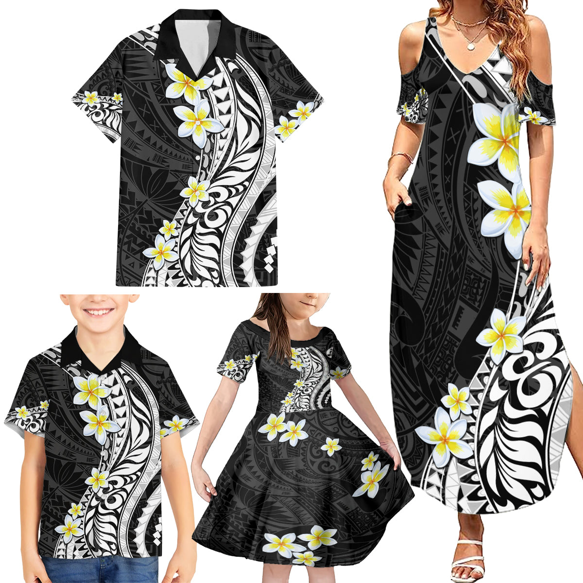 Hawaii Aloha Family Matching Summer Maxi Dress and Hawaiian Shirt Plumeria Vintage - Black LT7 - Polynesian Pride