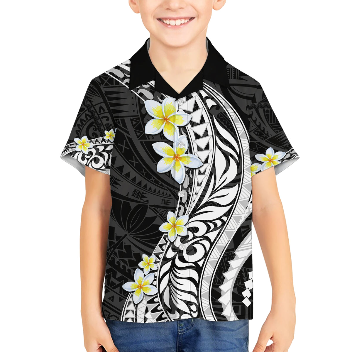 Hawaii Aloha Kid Hawaiian Shirt Plumeria Vintage - Black LT7 Kid Black - Polynesian Pride
