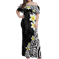 Hawaii Aloha Off Shoulder Maxi Dress Plumeria Vintage - Black LT7 Women Black - Polynesian Pride