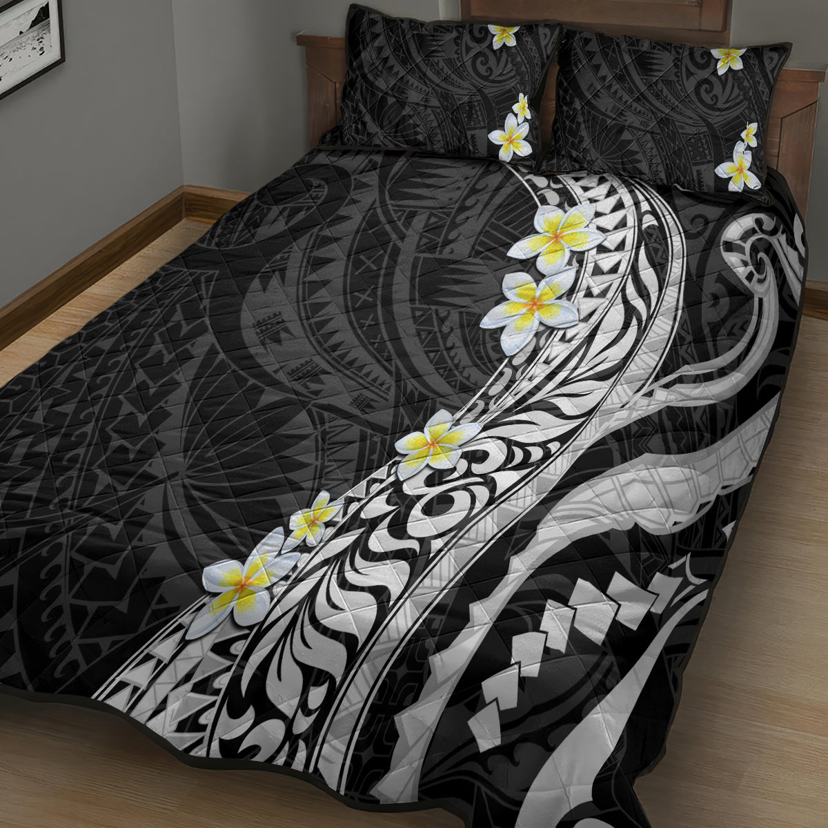 Hawaii Aloha Quilt Bed Set Plumeria Vintage - Black LT7 - Polynesian Pride