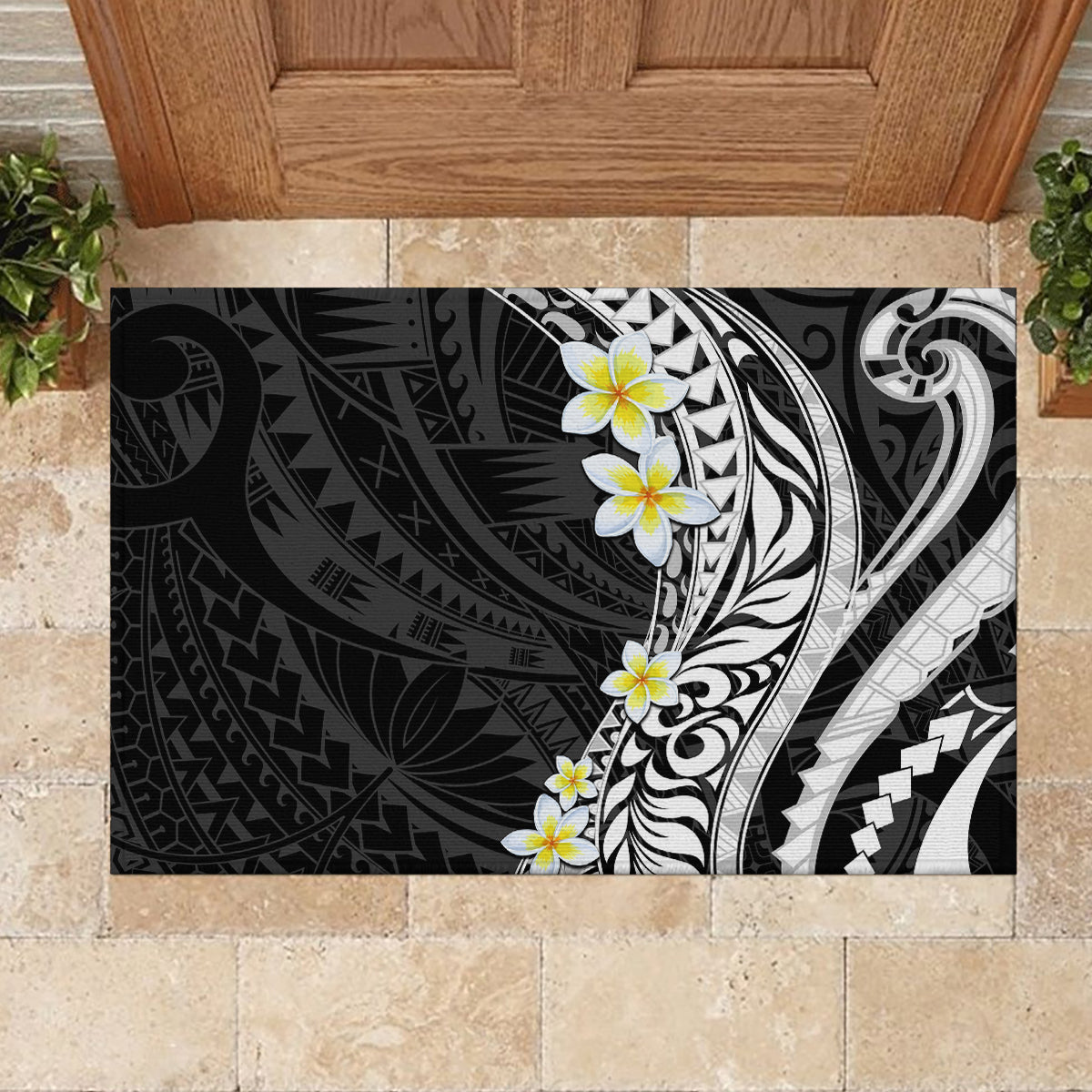Hawaii Aloha Rubber Doormat Plumeria Vintage - Black LT7 - Polynesian Pride