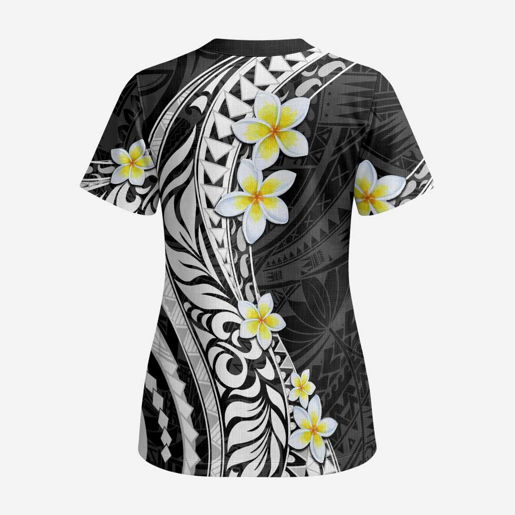Hawaii Aloha Scrub Top Plumeria Vintage - Black - Polynesian Pride