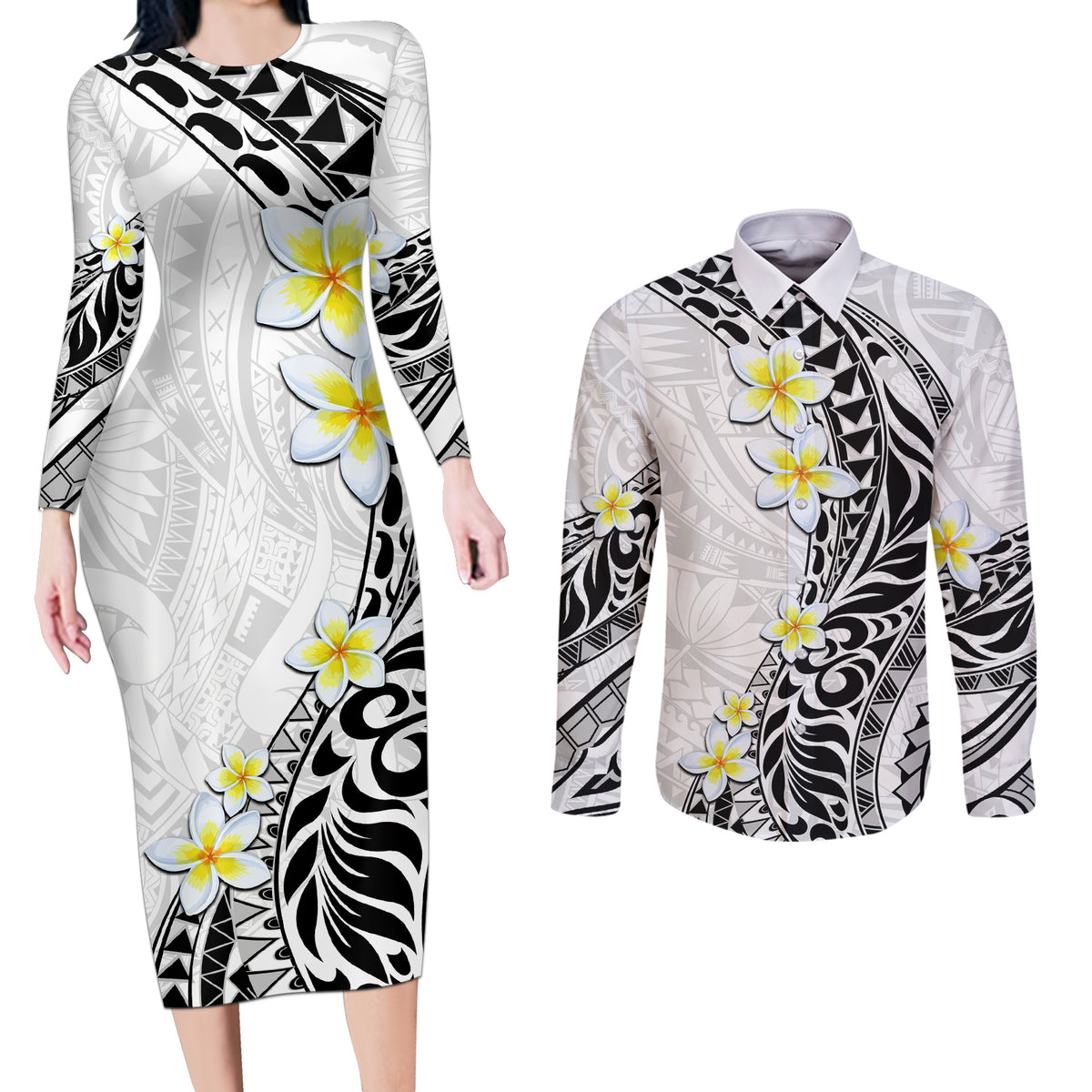 Hawaii Aloha Couples Matching Long Sleeve Bodycon Dress and Long Sleeve Button Shirt Plumeria Vintage - White LT7 White - Polynesian Pride
