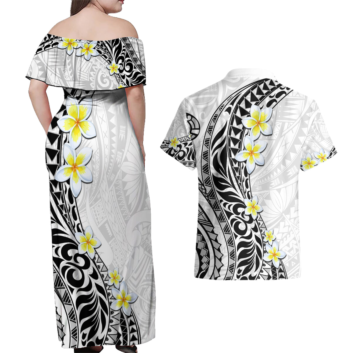 Hawaii Aloha Couples Matching Off Shoulder Maxi Dress and Hawaiian Shirt Plumeria Vintage - White LT7 - Polynesian Pride