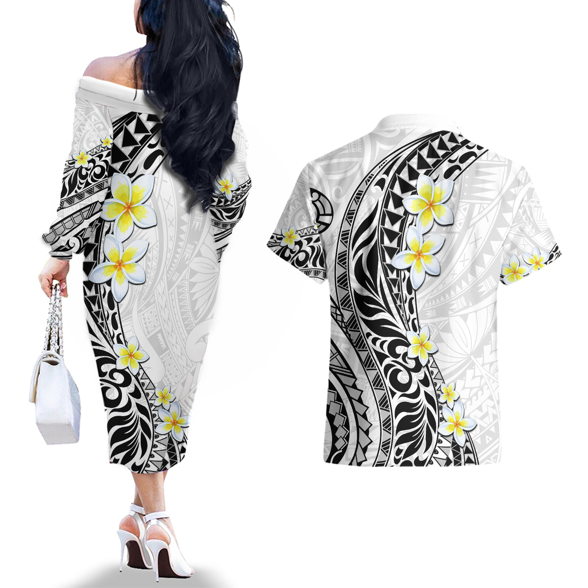 Hawaii Aloha Couples Matching Off The Shoulder Long Sleeve Dress and Hawaiian Shirt Plumeria Vintage - White LT7 - Polynesian Pride