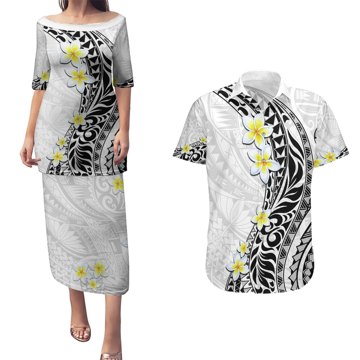 Hawaii Aloha Couples Matching Puletasi Dress and Hawaiian Shirt Plumeria Vintage - White LT7 White - Polynesian Pride