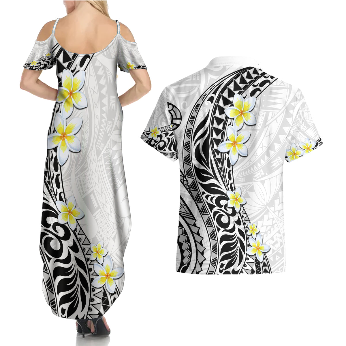 Hawaii Aloha Couples Matching Summer Maxi Dress and Hawaiian Shirt Plumeria Vintage - White LT7 - Polynesian Pride
