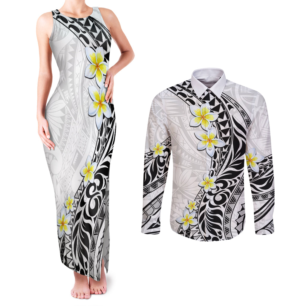 Hawaii Aloha Couples Matching Tank Maxi Dress and Long Sleeve Button Shirt Plumeria Vintage - White LT7 White - Polynesian Pride