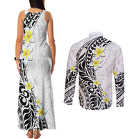 Hawaii Aloha Couples Matching Tank Maxi Dress and Long Sleeve Button Shirt Plumeria Vintage - White LT7 - Polynesian Pride