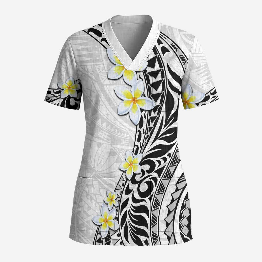 Hawaii Aloha Scrub Top Plumeria Vintage - White - Polynesian Pride