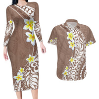 Hawaii Aloha Couples Matching Long Sleeve Bodycon Dress and Hawaiian Shirt Plumeria Vintage - Brown LT7 Brown - Polynesian Pride