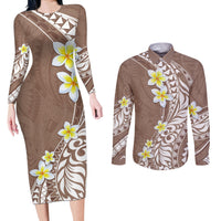 Hawaii Aloha Couples Matching Long Sleeve Bodycon Dress and Long Sleeve Button Shirt Plumeria Vintage - Brown LT7 Brown - Polynesian Pride