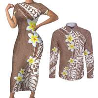 Hawaii Aloha Couples Matching Short Sleeve Bodycon Dress and Long Sleeve Button Shirt Plumeria Vintage - Brown LT7 Brown - Polynesian Pride