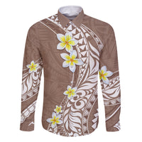 Hawaii Aloha Family Matching Off Shoulder Long Sleeve Dress and Hawaiian Shirt Plumeria Vintage - Brown LT7 Dad's Shirt - Long Sleeve Brown - Polynesian Pride