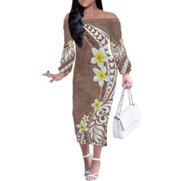 Hawaii Aloha Family Matching Off Shoulder Long Sleeve Dress and Hawaiian Shirt Plumeria Vintage - Brown LT7 Mom's Dress Brown - Polynesian Pride
