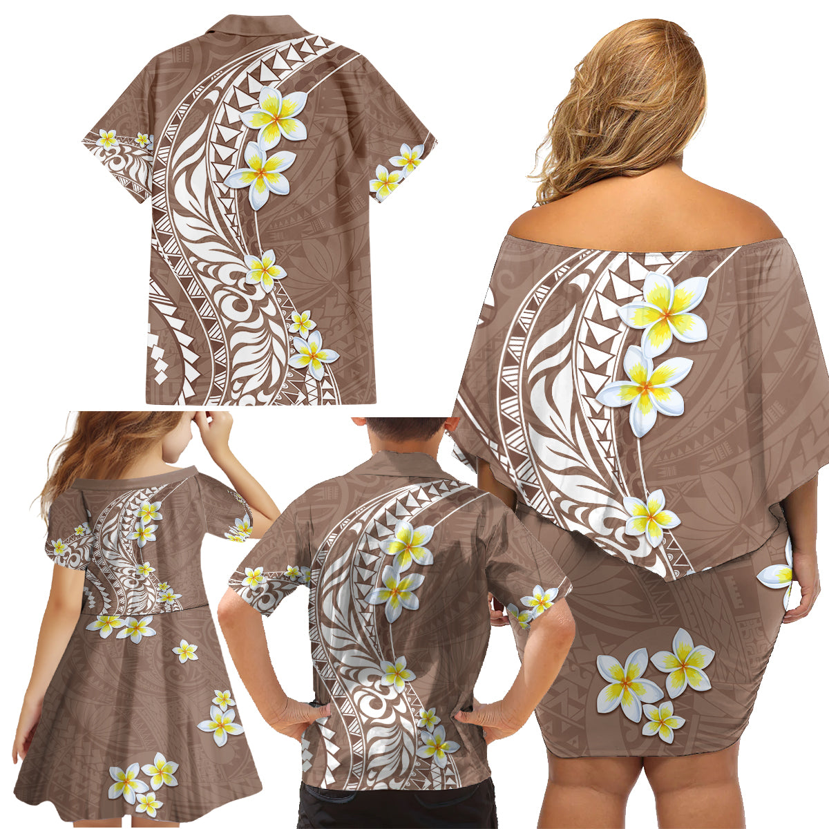 Hawaii Aloha Family Matching Off Shoulder Short Dress and Hawaiian Shirt Plumeria Vintage - Brown LT7 - Polynesian Pride