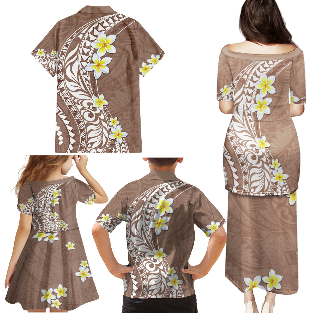 Hawaii Aloha Family Matching Puletasi Dress and Hawaiian Shirt Plumeria Vintage - Brown LT7 - Polynesian Pride