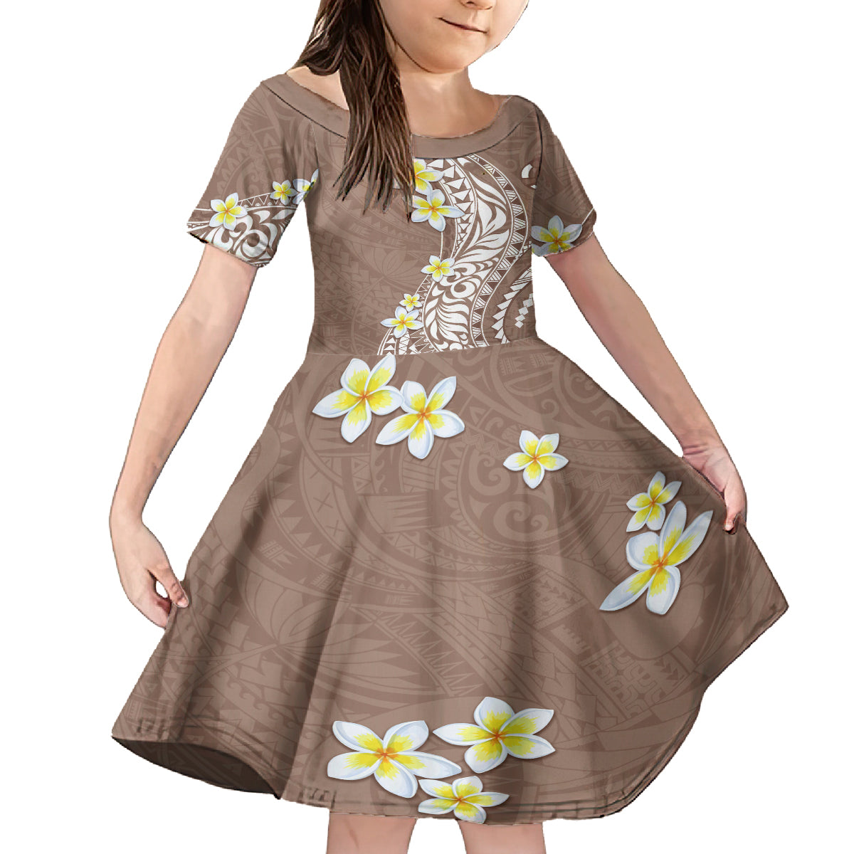 Hawaii Aloha Kid Short Sleeve Dress Plumeria Vintage - Brown LT7 KID Brown - Polynesian Pride