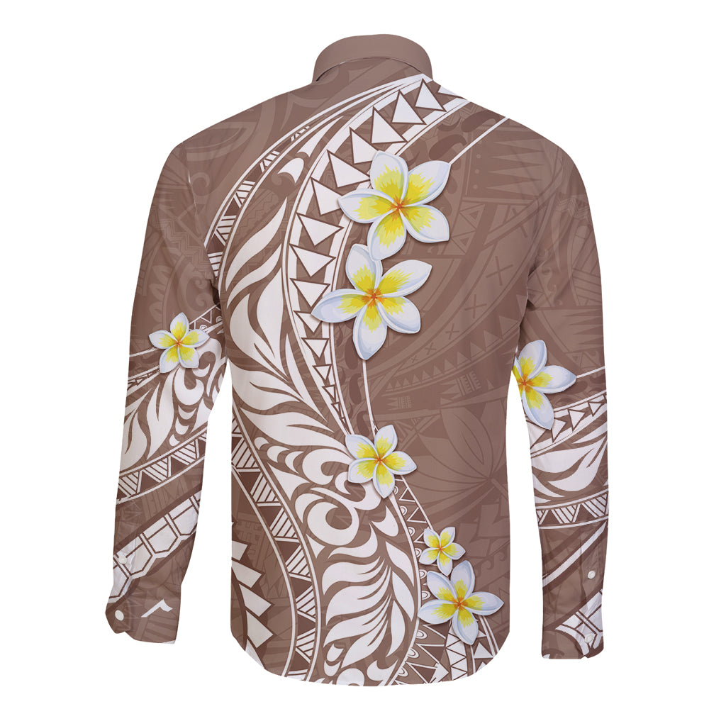 Hawaii Aloha Long Sleeve Button Shirt Plumeria Vintage - Brown LT7 - Polynesian Pride
