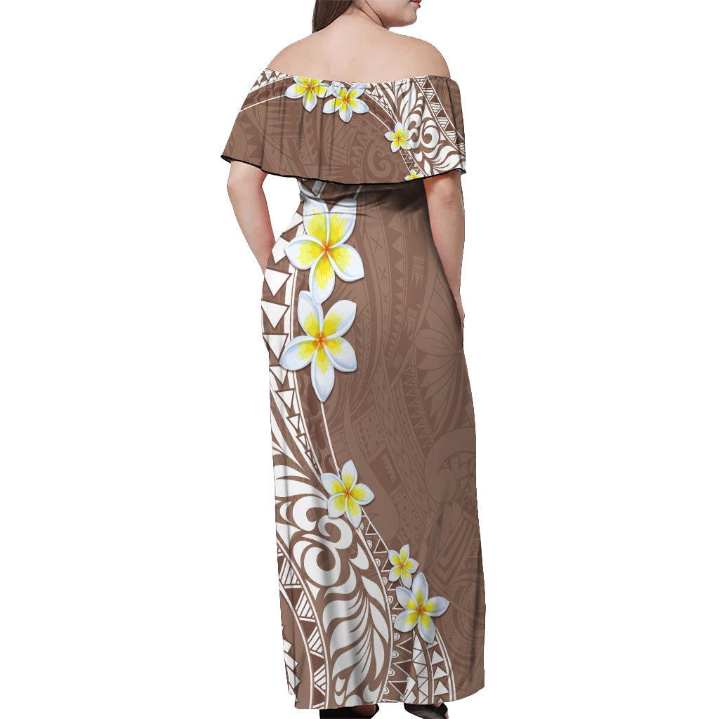 Hawaii Aloha Off Shoulder Maxi Dress Plumeria Vintage - Brown LT7 - Polynesian Pride