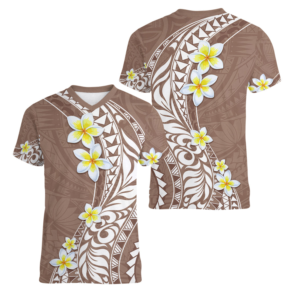 Hawaii Aloha Women V Neck T Shirt Plumeria Vintage - Brown LT7 - Polynesian Pride