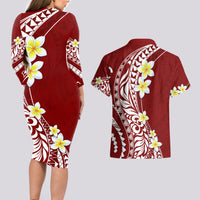 Hawaii Aloha Couples Matching Long Sleeve Bodycon Dress and Hawaiian Shirt Plumeria Vintage - Crimson LT7 - Polynesian Pride