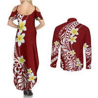 Hawaii Aloha Couples Matching Summer Maxi Dress and Long Sleeve Button Shirt Plumeria Vintage - Crimson LT7 - Polynesian Pride
