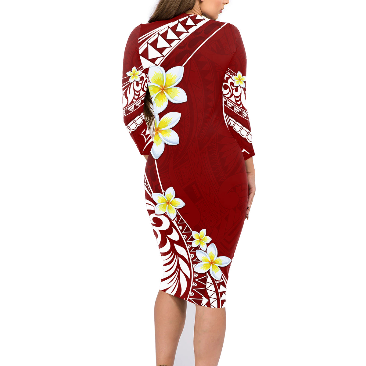 Hawaii Aloha Family Matching Long Sleeve Bodycon Dress and Hawaiian Shirt Plumeria Vintage - Crimson LT7 - Polynesian Pride