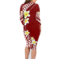 Hawaii Aloha Family Matching Long Sleeve Bodycon Dress and Hawaiian Shirt Plumeria Vintage - Crimson LT7 - Polynesian Pride