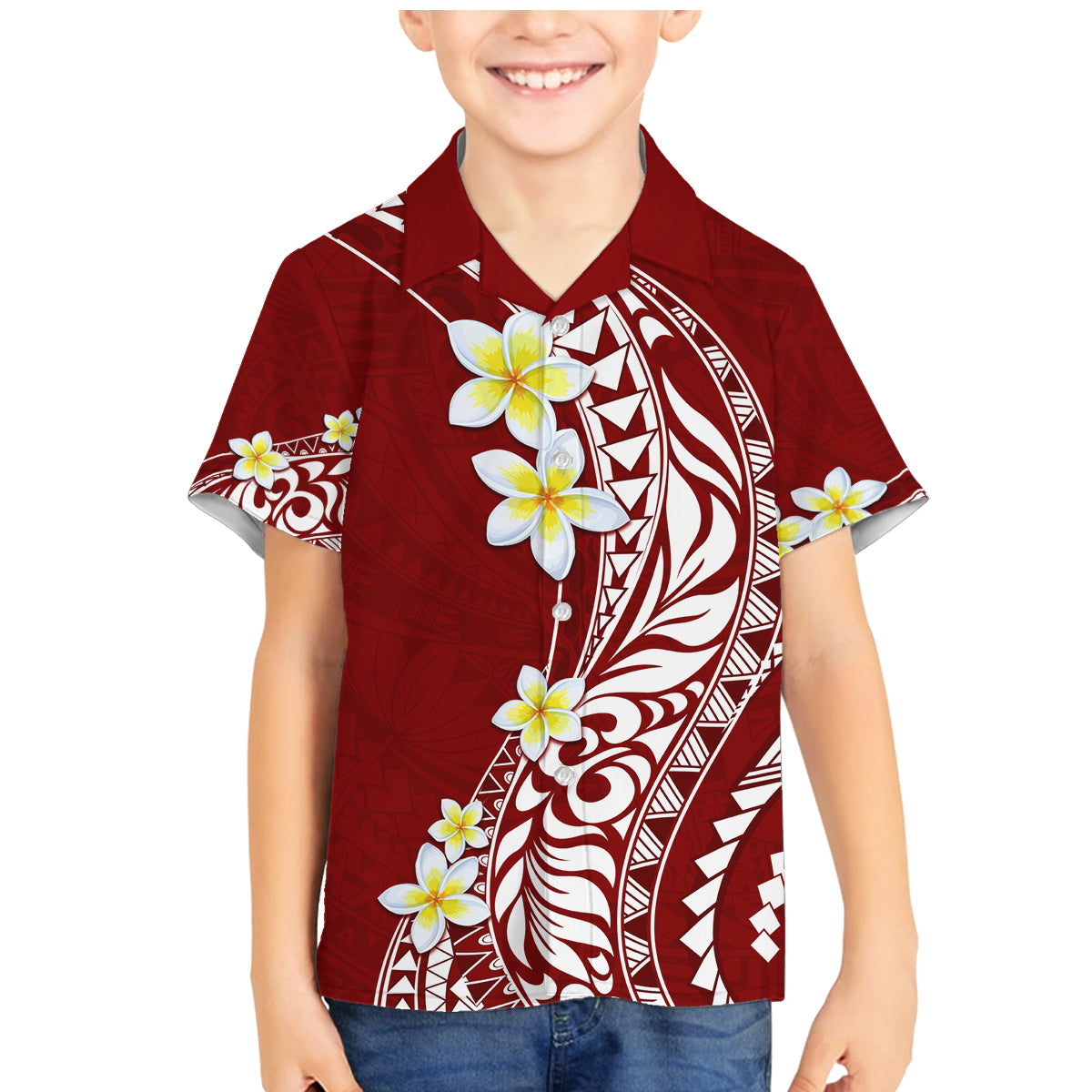 Hawaii Aloha Family Matching Mermaid Dress and Hawaiian Shirt Plumeria Vintage - Crimson LT7 Son's Shirt Crimson - Polynesian Pride