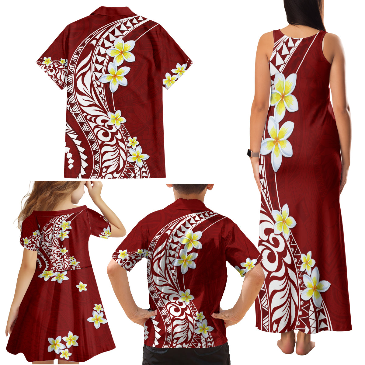Hawaii Aloha Family Matching Tank Maxi Dress and Hawaiian Shirt Plumeria Vintage - Crimson LT7 - Polynesian Pride
