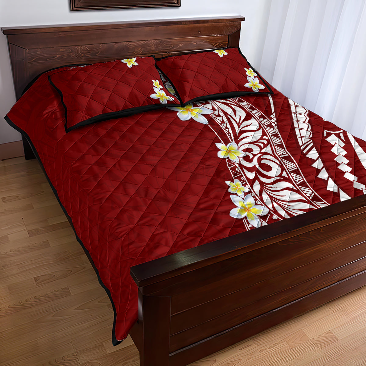Hawaii Aloha Quilt Bed Set Plumeria Vintage - Crimson LT7 - Polynesian Pride