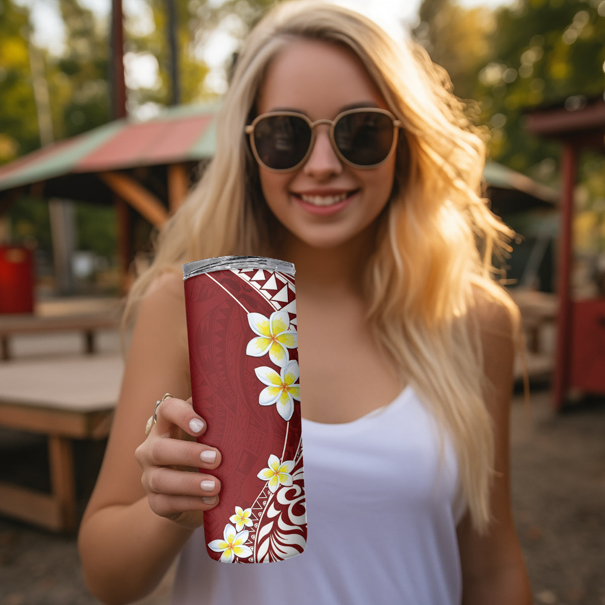 Hawaii Aloha Skinny Tumbler Plumeria Vintage - Red