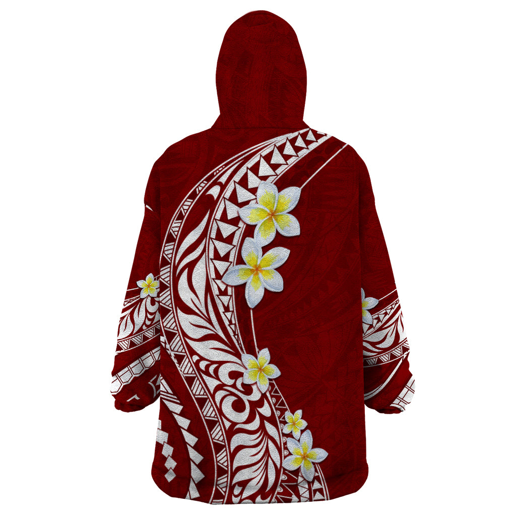 Hawaii Aloha Wearable Blanket Hoodie Plumeria Vintage - Crimson LT7 - Polynesian Pride