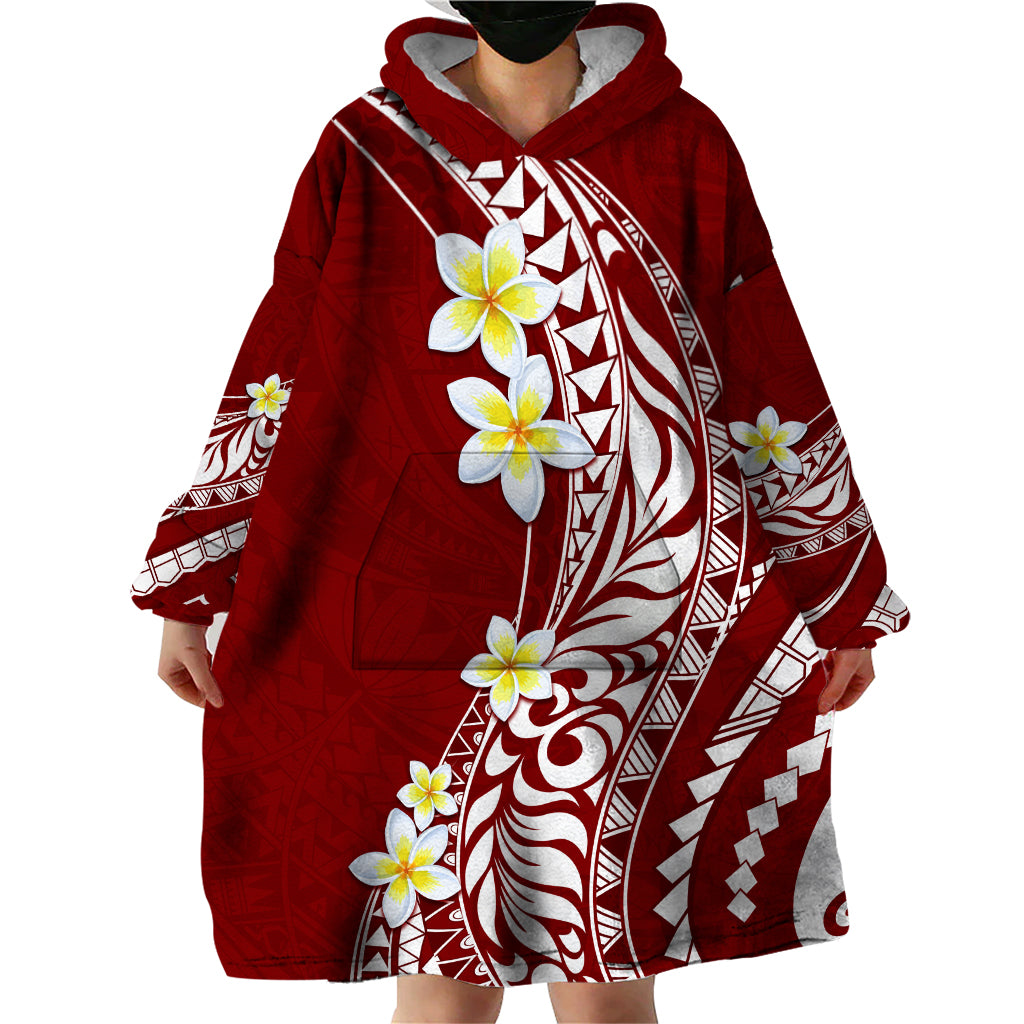 Hawaii Aloha Wearable Blanket Hoodie Plumeria Vintage - Crimson LT7 - Polynesian Pride
