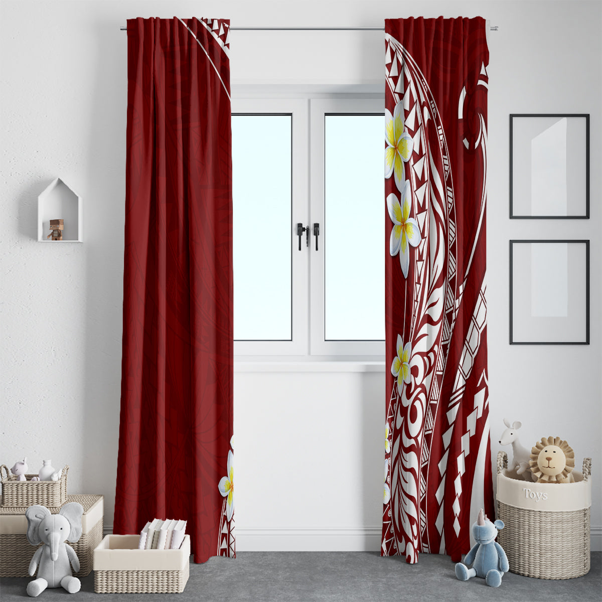 Hawaii Aloha Window Curtain Plumeria Vintage - Crimson LT7 - Polynesian Pride