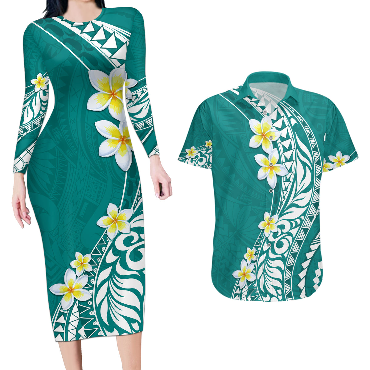 Hawaii Aloha Couples Matching Long Sleeve Bodycon Dress and Hawaiian Shirt Plumeria Vintage - Teal LT7 Teal - Polynesian Pride